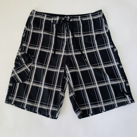 Hurley Board Shorts Men 32 Black Plaid Swim Bottoms Beach Pool Surf 11" - Picture 1 of 11